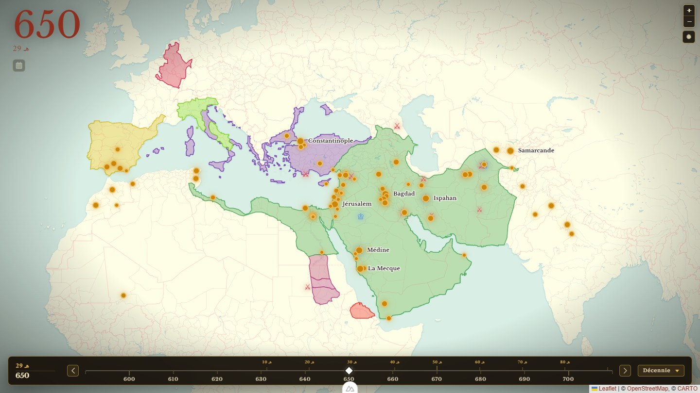 L'atlas à l'année 650 : les territoires datés en surcouches, avec la réglette des années.