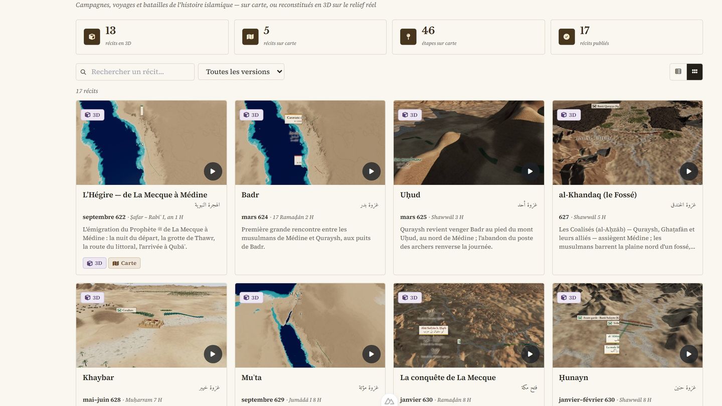 La grille des récits historiques reconstitués en 3D : l'Hégire, Badr, Uḥud, al-Khandaq.